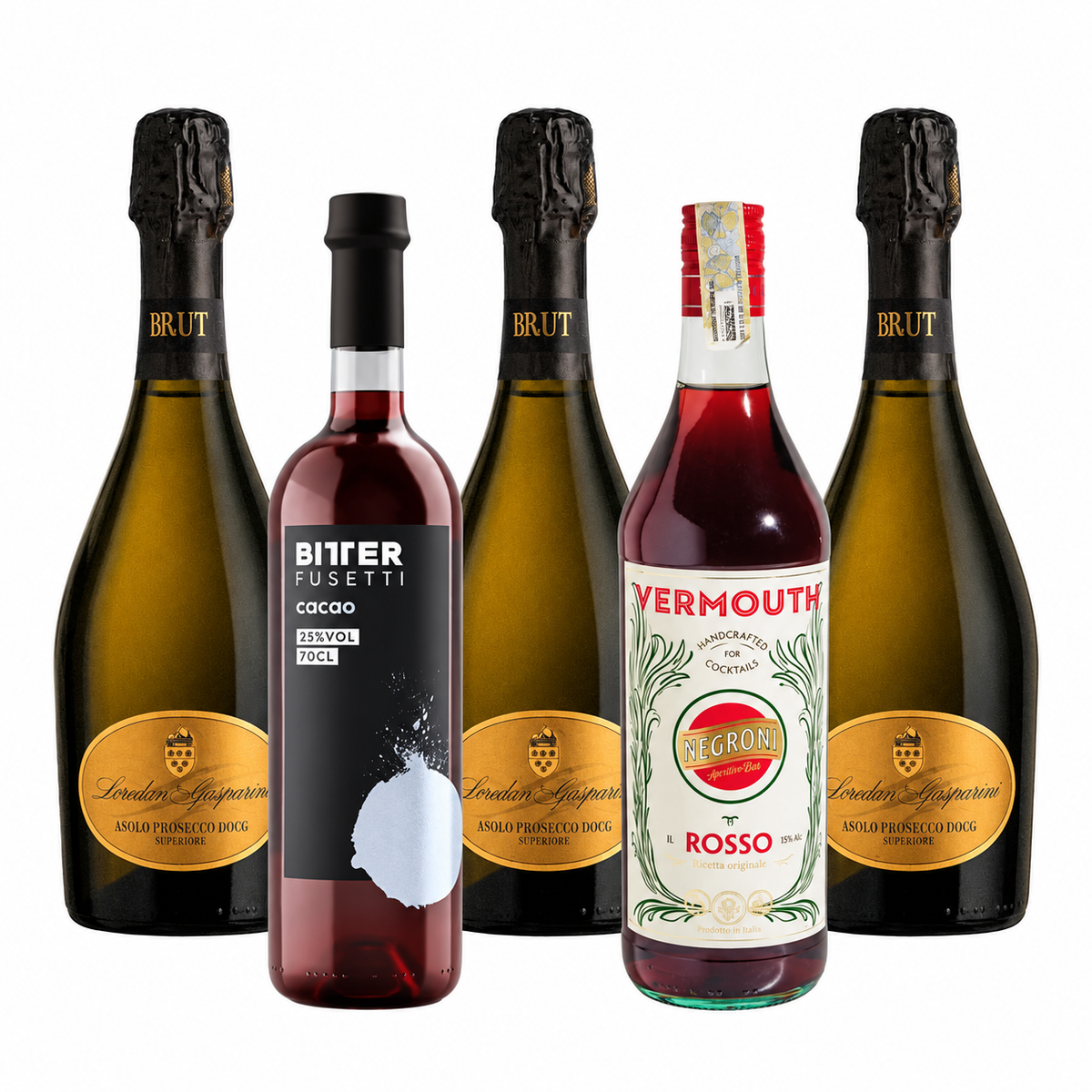 Sbagliato Cocoa Twist Cocktail Mix: Bitter Fusetti Cacao, Negroni Aperitivo Bar Vermouth Rosso and 3 bottles of Asolo Prosecco Superiore