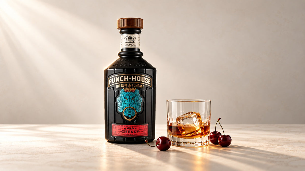 Punch House Cherry, rom cu cirese Marasca, langa un pahar cu gheata